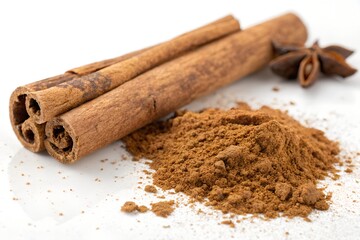 cinnamon sticks and powder isolated on white background
