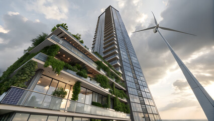 Fototapeta premium A tall modern building features green terraces and a wind turbine nearby