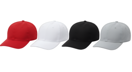 Four Six-Panel Baseball Caps in Red White Black and Light Gray on White Background