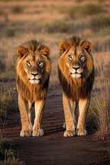 two lions walking on a dirt road in the wild