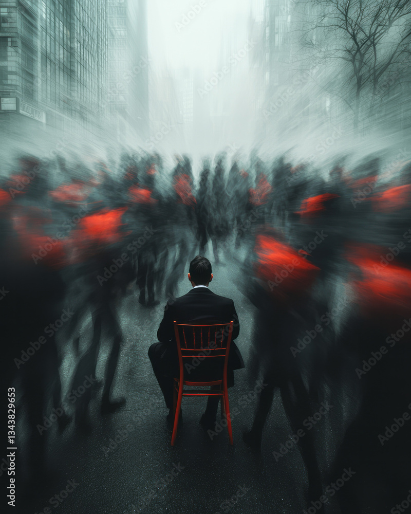 Poster A man sitting on an invisible chair in the middle of an empty city, as if he exists in a separate