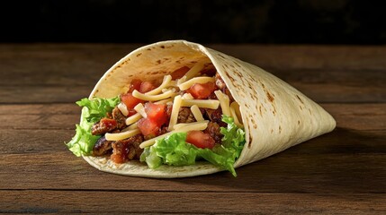 A freshly prepared taco filled with seasoned meat, lettuce, tomato, and cheese