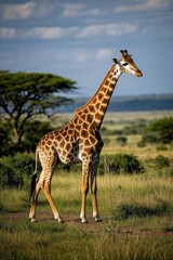 Obraz premium there is a giraffe standing in the grass with trees in the background