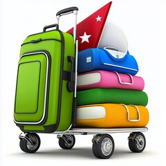 Lime Green Suitcase on Luggage Cart with Colorful Books and Red Flag
