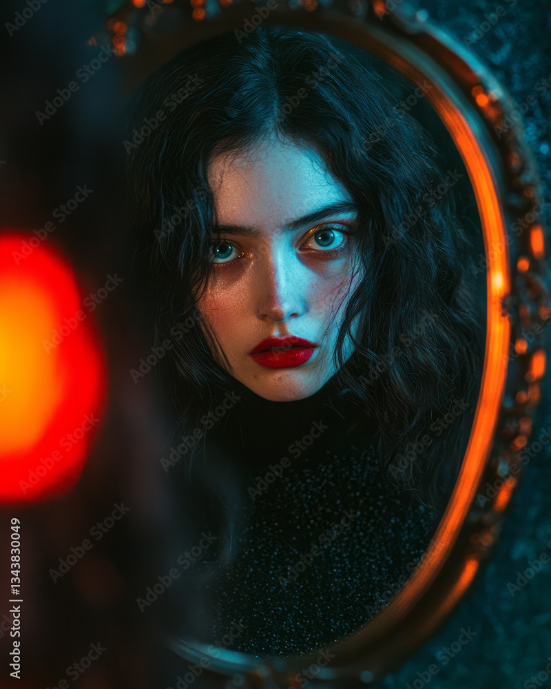 Poster a woman whose reflection in the mirror looks back at her with a different expression, symbolizing