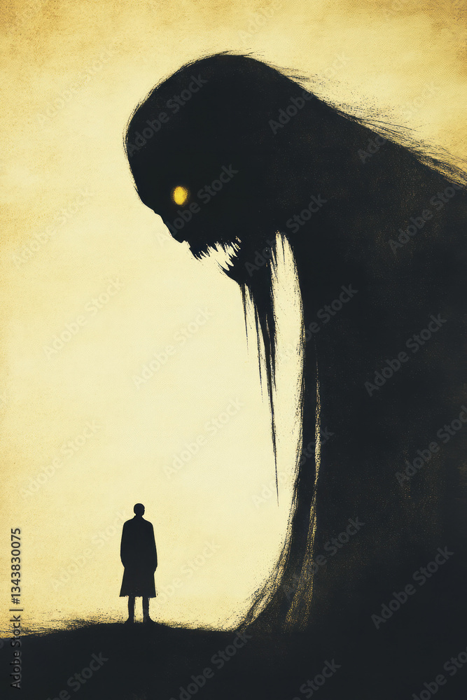 Poster a shadowy figure standing behind a person, mimicking their every move, symbolizing the fear of