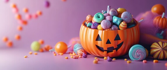 Obraz premium Halloween Candies and Decorations in a Purple Flat Lay Still Life