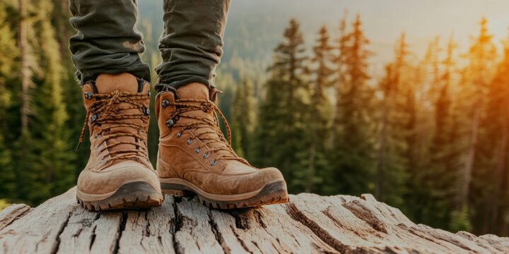 Sturdy hiking boots perched on a weathered log with golden sunlight filtering through the trees in a tranquil outdoor setting