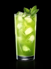 A glass of light green drink with ice cubes and mint leaves