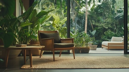 Comfortable seating area with plants and natural light creating a serene indoor garden atmosphere