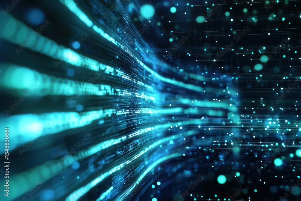 Poster abstract digital landscape with flowing light patterns and glowing particles