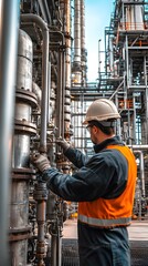 Fototapeta premium 23. Industrial technician fixing machinery at an outdoor oil refinery