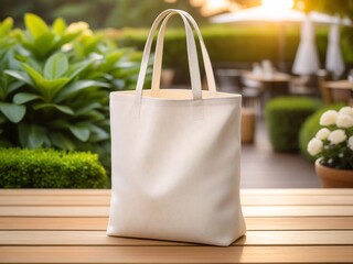 A white tote bag sits on a wooden table, with a blurred outdoor patio and greenery in the background.