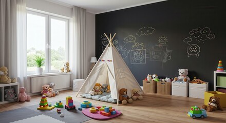 Kids Playroom with Tent Toys and Chalkboard Wall Illustration
