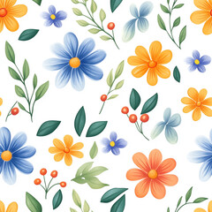 Fototapeta premium seamless pattern Colorful flowers and leaves on white background
