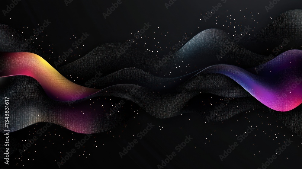 Poster abstract colorful waves with sparkles on a dark background
