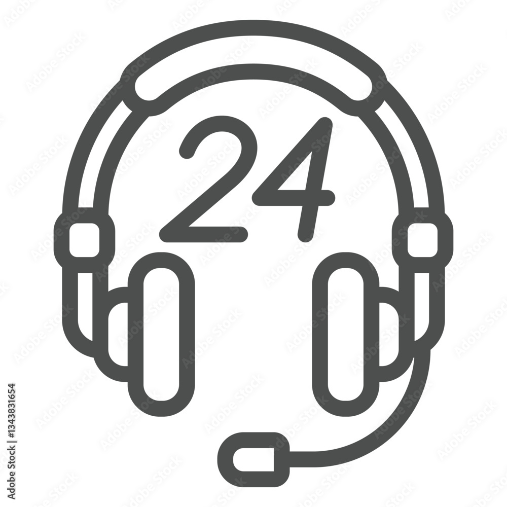 Poster headphones with microphone line icon, support service concept. vector graphics. headset with 24 hour