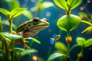 Close-up Green Aquatic Plant, Tiny Fish, Hidden Frog - Bokeh Effect Stock Photo