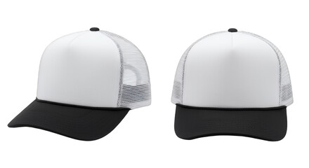 Two White and Black Trucker Hats on Transparent Background