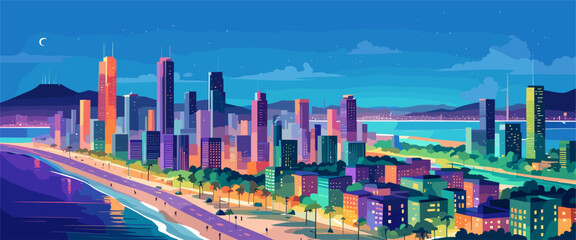 Fototapeta premium A cityscape with a beach in the background. The city is full of tall buildings and the sky is blue