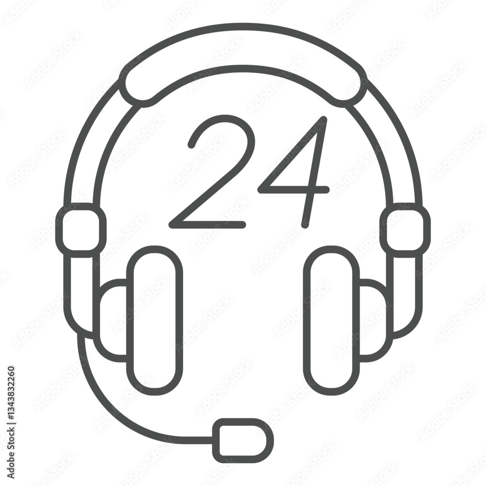 Poster headphones with microphone thin line icon, support service concept. vector graphics. headset with 24