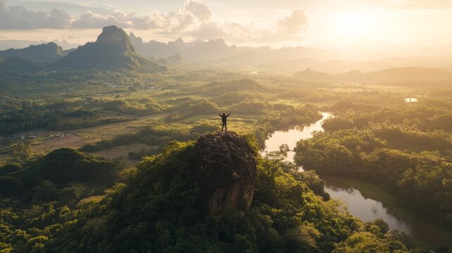 Experience thrill and tranquility while camping on a breathtaking mountain peak during sunset in a lush landscape