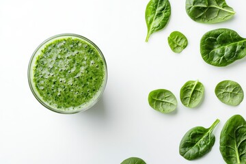 Refreshing green smoothie surrounded by fresh spinach leaves.