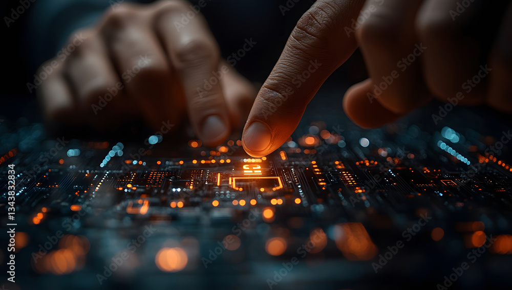 Aufkleber activating circuit board close-up of hands interacting with technology