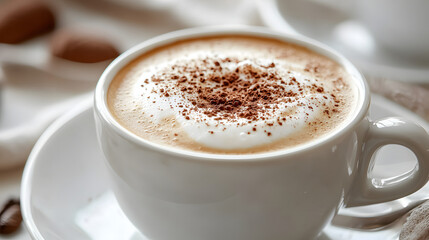Obraz premium Delicious Cappuccino in a White Cup with Chocolate Sprinkles and Cookies on a Table