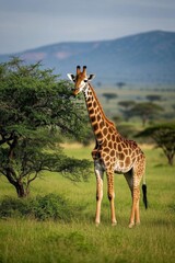 there is a giraffe standing in a field with a tree
