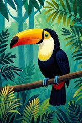 painting of a toucan perched on a branch in a tropical forest