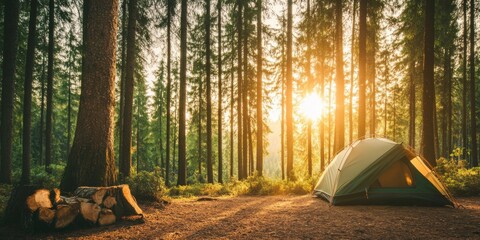 Camping in serene forest at sunset with a warm glow illuminating the tent and surrounding trees