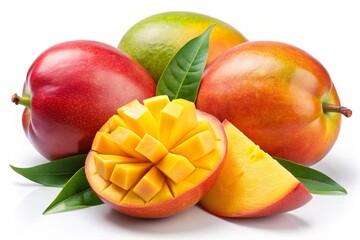 Juicy Ripe Mangoes with Sliced Mango on White Background