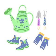 Cute gardening tools vector with watering can, boots, and gloves – pastel hand-drawn illustration for decor