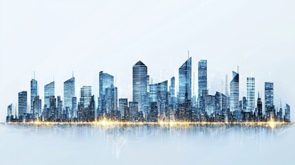 Fototapeta premium The cityscape is characterized by its high-tech features, illuminated with a blue glow and linked by digital connections