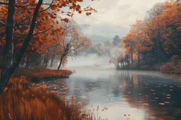 Fototapeta premium Foggy Lake with Trees and Grass