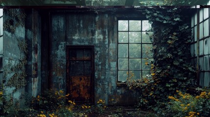 Abandoned factory interior with overgrown ivy and wildflowers