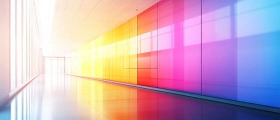 Vibrant hallway with colorful glass walls reflecting light in a modern space