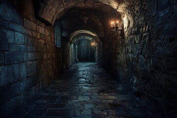 Dark, stone corridor lit by candlelight; ancient, arched walls. Ideal for fantasy, mystery, or historical settings; evokes a sense of age and secrets.