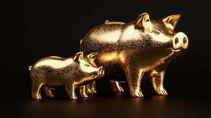 Atop a pile of coins, two shiny golden piggy banks are situated, signifying wealth and savings through a visually appealing presentation