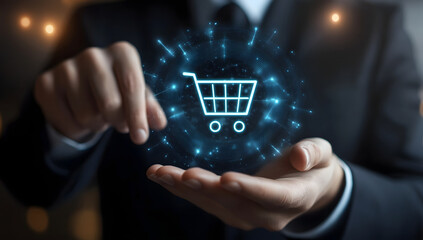 Ecommerce Business Man Holding Digital Shopping Cart Icon