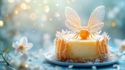 Cake with insect sits on table amidst flowers with bokeh lights background