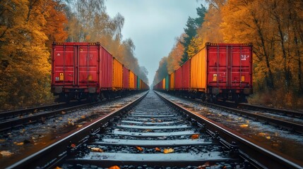 Fototapeta premium Two trains are on the tracks, one red and one yellow