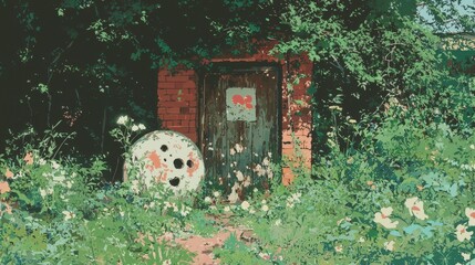 The rustic charm and mysterious allure of an aged wooden doorway, framed by worn brick walls, invites scrutiny and discovery, Rustic, Illustration