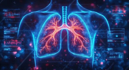 Futuristic Medical Illustration of Human Lungs with Neon Lights and Holographic Interface for Pulmonary Function Testing