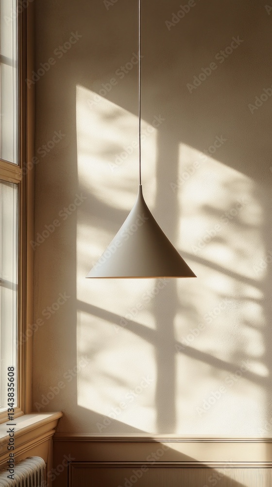 Poster sunlight filters through large windows, casting gentle shadows on the walls. a sleek, modern pendant