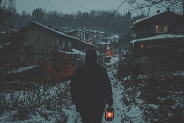 A solitary traveler walks across a frozen expanse, lantern in hand, embodying the essence of solitude and arctic discovery