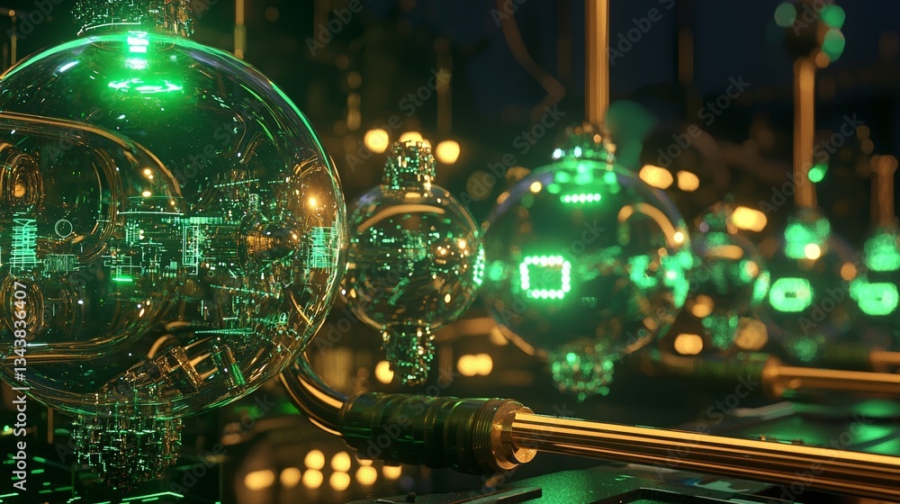 Poster glowing nodes and lines make up an abstract network of technology, which is colored green