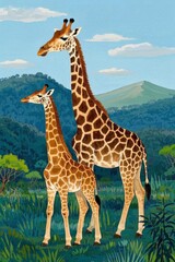 Obraz premium painting of two giraffes standing in a field with a mountain in the background