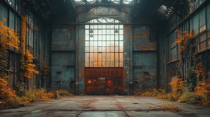 Abandoned factory interior, autumnal foliage, large doorway, trees visible through windows. Use Stock photo